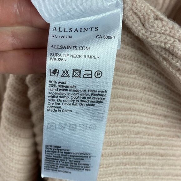 AllSaints Sura Tie Neck Wool Sweater Jumper Pink Size XS Shoulder Cutout Neutral - Picture 8 of 14